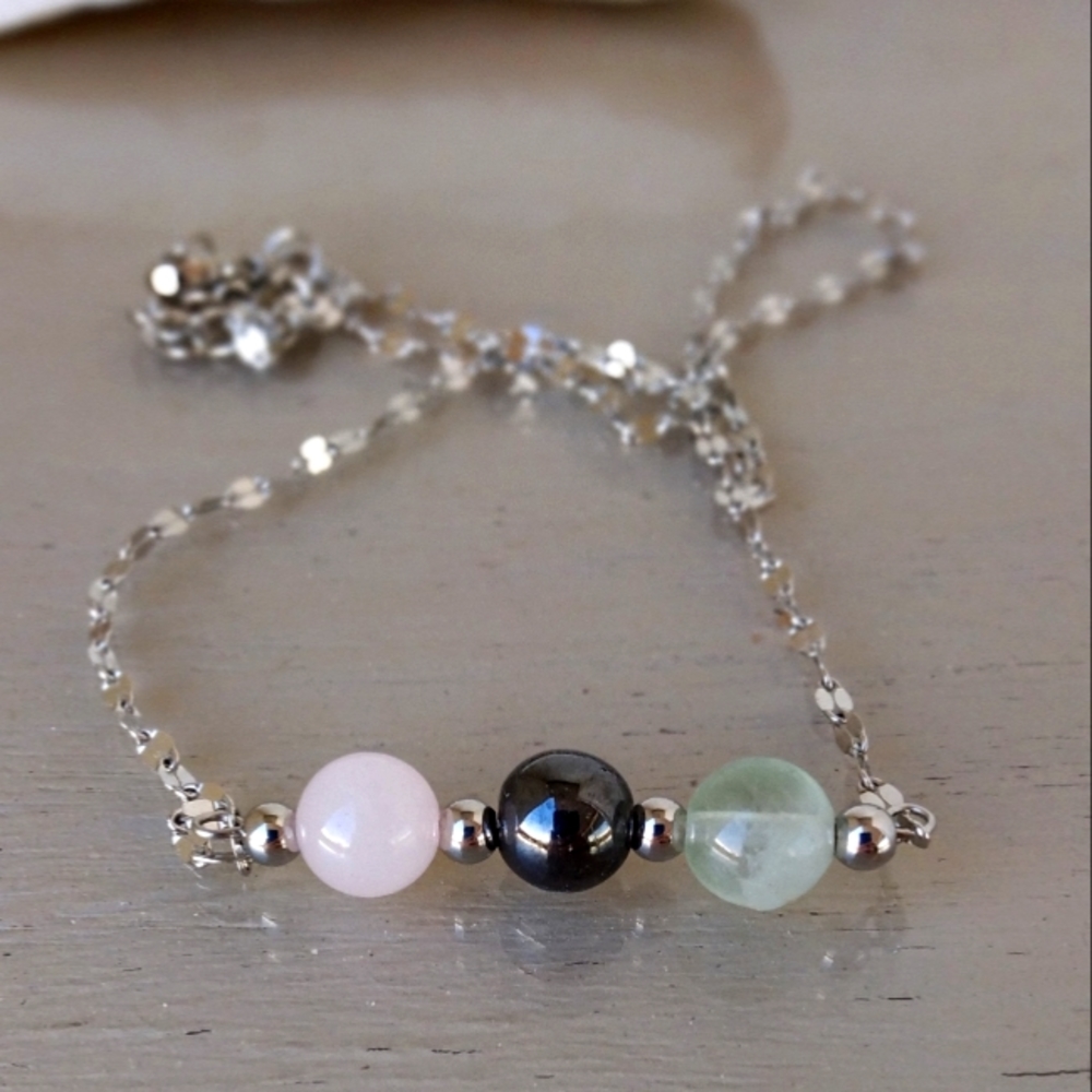 Minimalist stainless steel Rose Quartz, Hematite and Fluorite necklace.